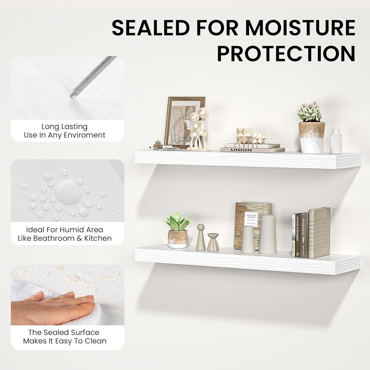 Floating Shelves for Wall, 36" W x 8" D x 1.5" H, Wooden Wall Mounted Display Shelves with Invisible Brackets for Living Room, Bedroom, Bathroom, Kitchen Decor and Storage, Set of 2, White