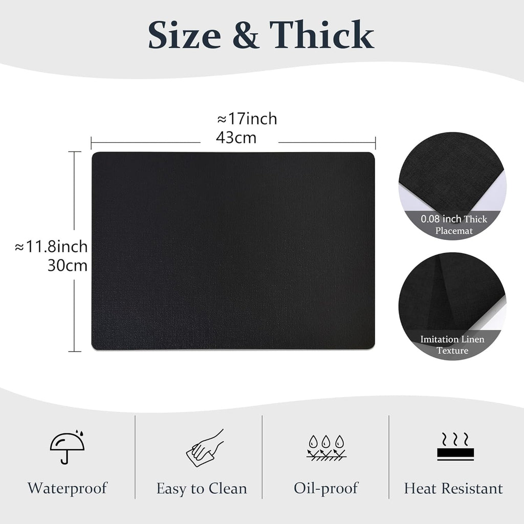 FROMHEART Faux Leather Placemats Set of 12–Waterproof,Heat/Oil Stain-Resistant PU Table Mat–Reversible,Non-Slip,Easy to Clean Place Mats for Kitchen,Dining,Indoor/Outdoor,(Black,11.8" x 17")