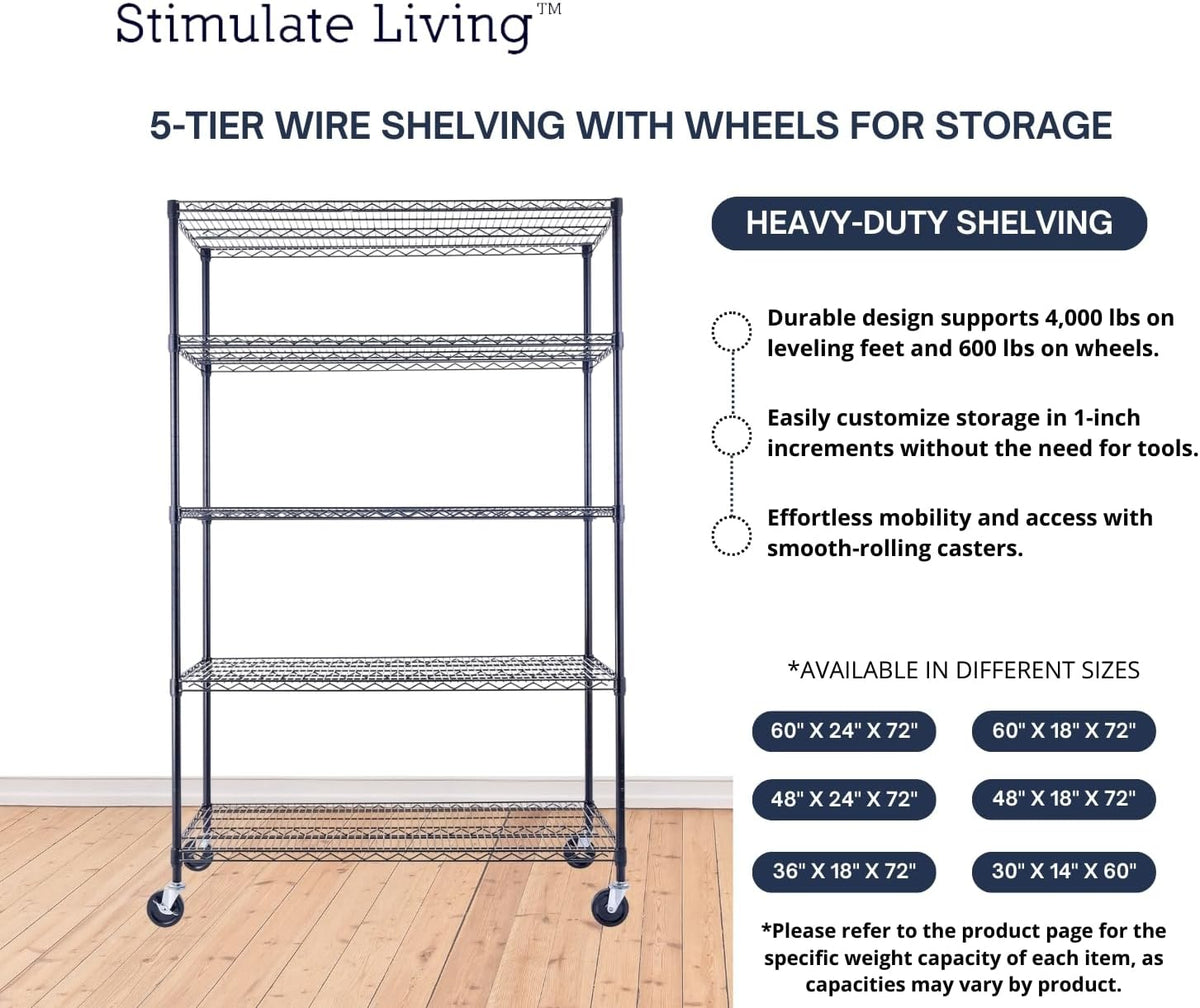 48"x24"x72" Prime Heavy Duty Black 5-Tier Steel Wire Shelving NSF 4000 LBS MAX Capacity Storage Rack for Commercial, School, Home, Garage, Warehouse, Industrial, and Hospital Uses (with Wheels)