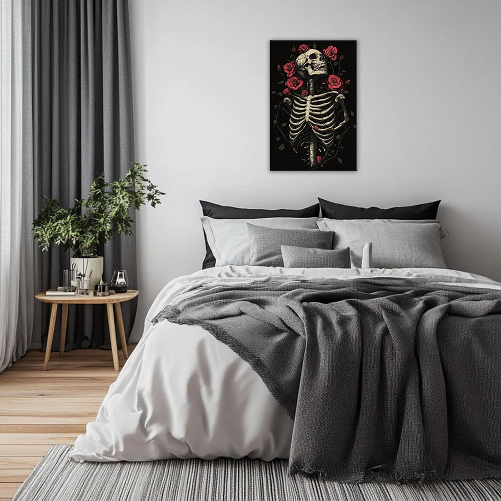 OAAPITI Gothic Skull Wall Art Skeleton and Roses Canvas Pictures Print Vibrant Dark Art Decor for Bedroom Living Room Bathroom(Artwork-6,24"x36")
