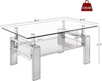 Glass Coffee Table Rectangle Living Room Center Table, with Gray Tempered Glass Tabletop and Brown MDF Layer,for Living Room and Office, Gray+Brown