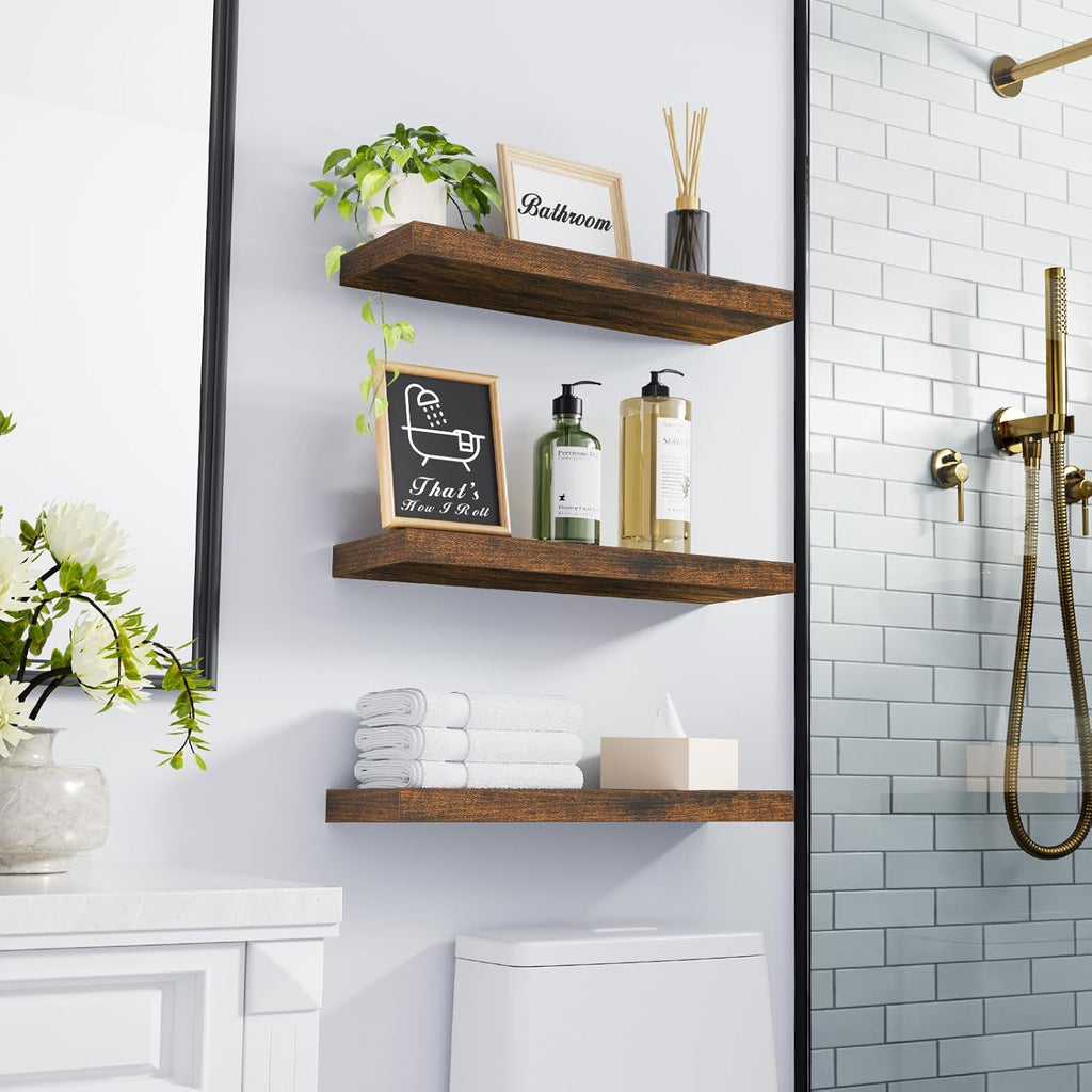 BAYKA Bathroom Floating Shelves for Wall – Bathroom Shelf Over Toilet Farmhouse Rustic Wood for Bedroom, Kitchen, or Living Room Decor – Rustic Brown, Set of 3, Sturdy Storage with 22lb Capacity