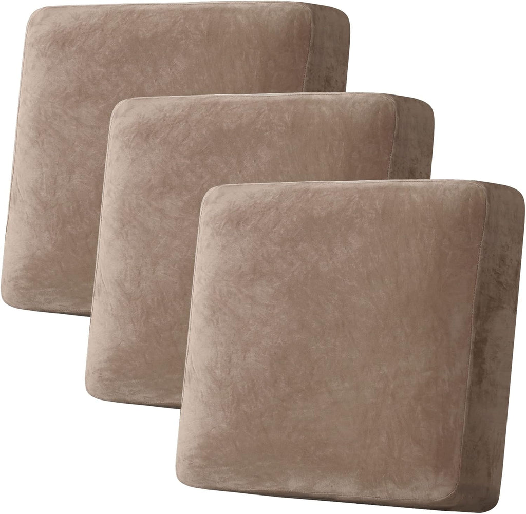 H.VERSAILTEX Velvet Stretch Couch Cushion Cover Plush Cushion Slipcover for Chair Loveseat Sofa Cushion Furniture Protector Seat Cushion Sofa Cover (3 Piece XL Sofa Cushion Covers, Taupe)