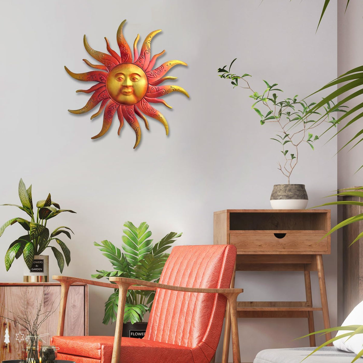 Large Metal Sun Wall Art Decor - 23.6 Inches Rustic Retro Hanging Decoration for Indoor Outdoor, Home Garden Farmhouse Yard Patio Fence Living Room Bedroom (Gold)