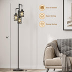 Oneach 70" Industrial Floor Lamp, Stepless Dimmable Standing Lamp with 3 Bulbs, Farmhouse Corner Standing Tree Lamp for Living Room, Tall Lamps for Bedroom, Office, Study Room, Dining Room, Black