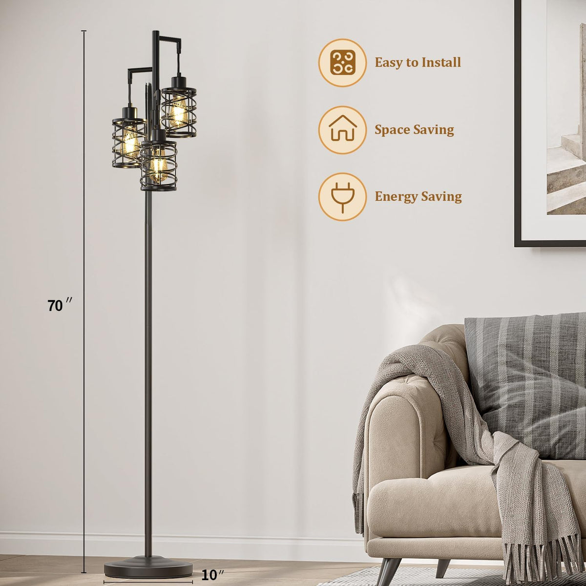 Oneach 70" Industrial Floor Lamp, Stepless Dimmable Standing Lamp with 3 Bulbs, Farmhouse Corner Standing Tree Lamp for Living Room, Tall Lamps for Bedroom, Office, Study Room, Dining Room, Black