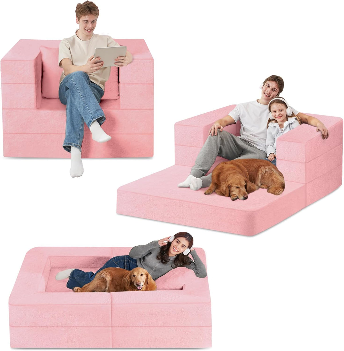 Folding Bean Bag Chair for Adults,3-in-1 Bean Bag Couch Faux Fur Floor Sofa Large Beanbag Convertible Bean Bag Sofa Bed with Pillow in Bedroom,Living Room,Apartment(Twin,Pink)