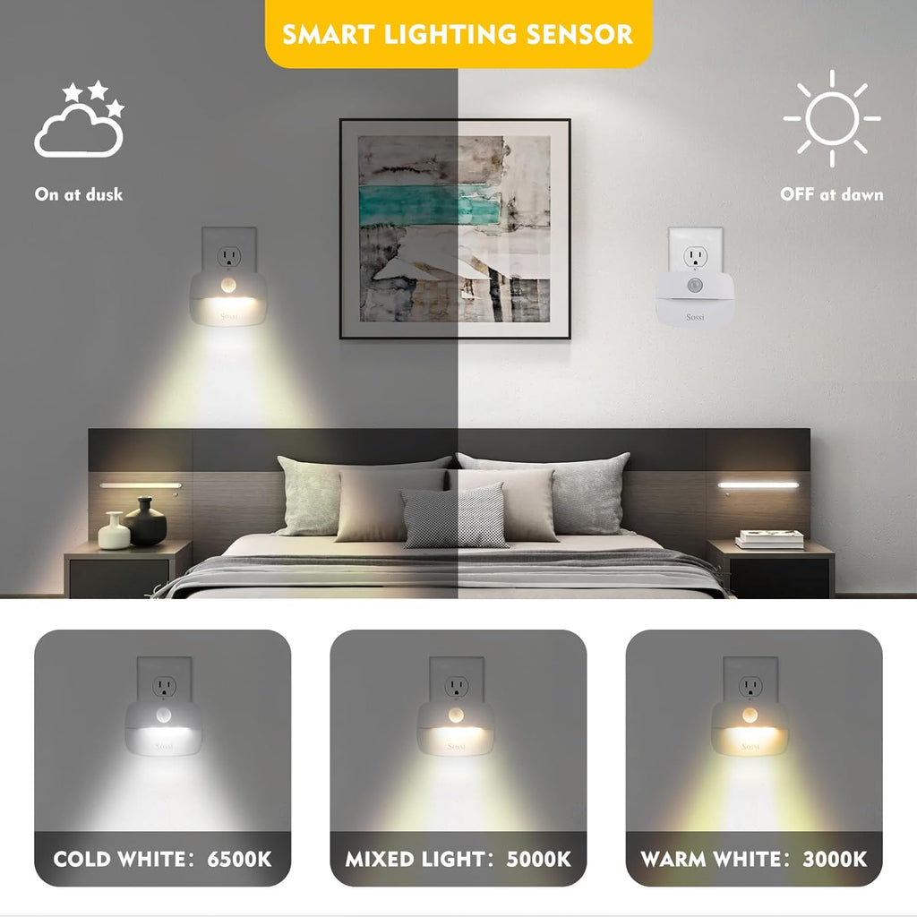 Sossi Motion Sensor Night Light Plug in 4 Pack,10-60Lm Stepless Dimming,3 Light Modes with Memory, Smart Night Lights Plug Into Wall Sensor,Dusk to Dawn Sensor for Bedroom,Toilet,Hallway,Kitchen