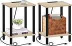 TUTOTAK End Table with Charging Station, Set of 2, Small Side Table with Outlets, Nightstand Bedside Table, 2-Tier Storage Shelf for Small Space, Living Room, Bedroom Oak TB01BO041