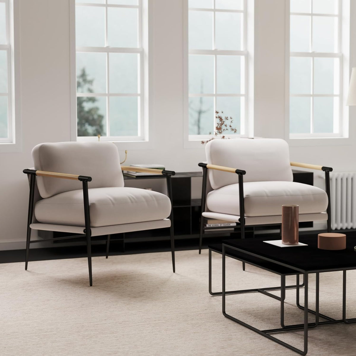 Mid-Century Accent Chair Set of 2, Soft Armchair Chenille Fabric Lounge Chair with Black Metal Legs, Upholstered Leisure Chair for Living Room Bedroom Reception Room, Beige