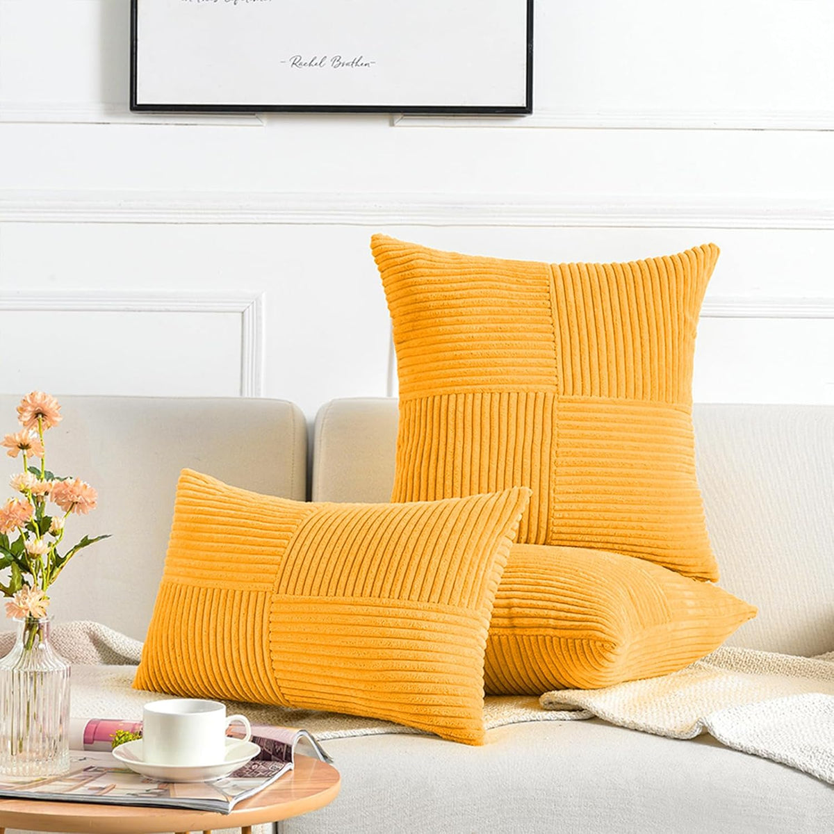 Fancy Homi 2 Packs Sunflower Yellow Spring Decorative Throw Pillow Covers 18x18 Inch for Living Room Couch Bed Sofa, Gold Yellow Home Decor, Soft Corss Corduroy Patchwork Textured Cushion Case 45x45cm