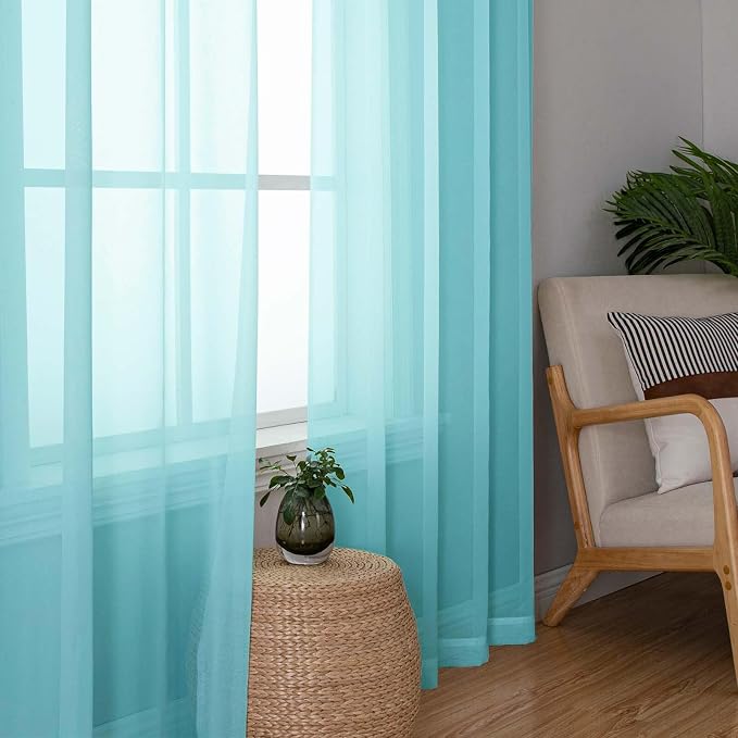 Aqua Sheer Curtains for Living Room 96 Inches Long 2 Pcs, Dual Rod Pockets - Image 2