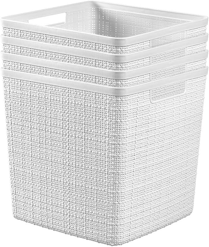 Curver Jute Decorative Plastic Organization and Storage Basket Perfect Bins for Home Office, Closet Shelves, Kitchen Pantry and All Bedroom Essentials, White, Large Cube, Set of 4