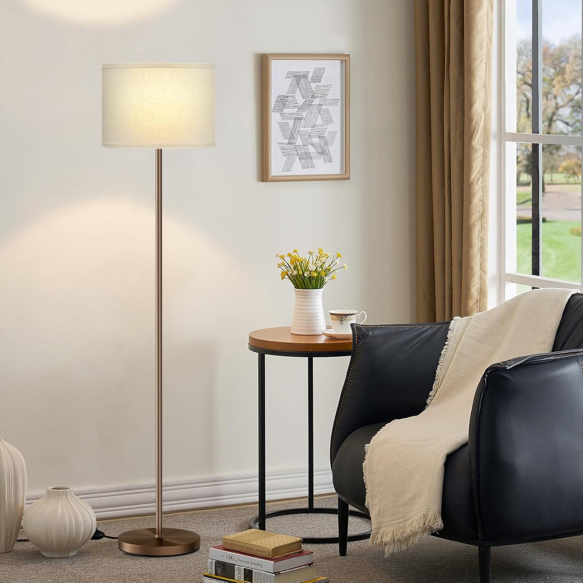 Ambimall 60'' Modern Floor Lamp with Shade, Tall Lamps for Living Room, Bedroom, Office, Dining Room, Beige Shade with Brown Pole(Without Bulb)