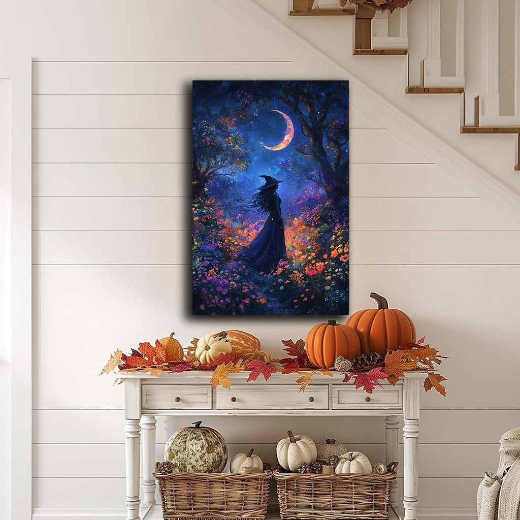 Vintage Halloween Witch Decor Mystic Gothic Wall Art Poster,Enchanting Witch Fall Whimsical Wildflowers Woodland Forest Crescent Moon Picture Art,Creepy Witchy Home Decor,12"x18" Framed