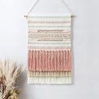 Dremisland Macrame Woven Wall Hanging Home Decor Bohemian Beige Geometric Wave Art Decor with Wool Ball and Tassle-Elegant Apartment Bedroom Dorm Room Door Decoration (Pink Line)