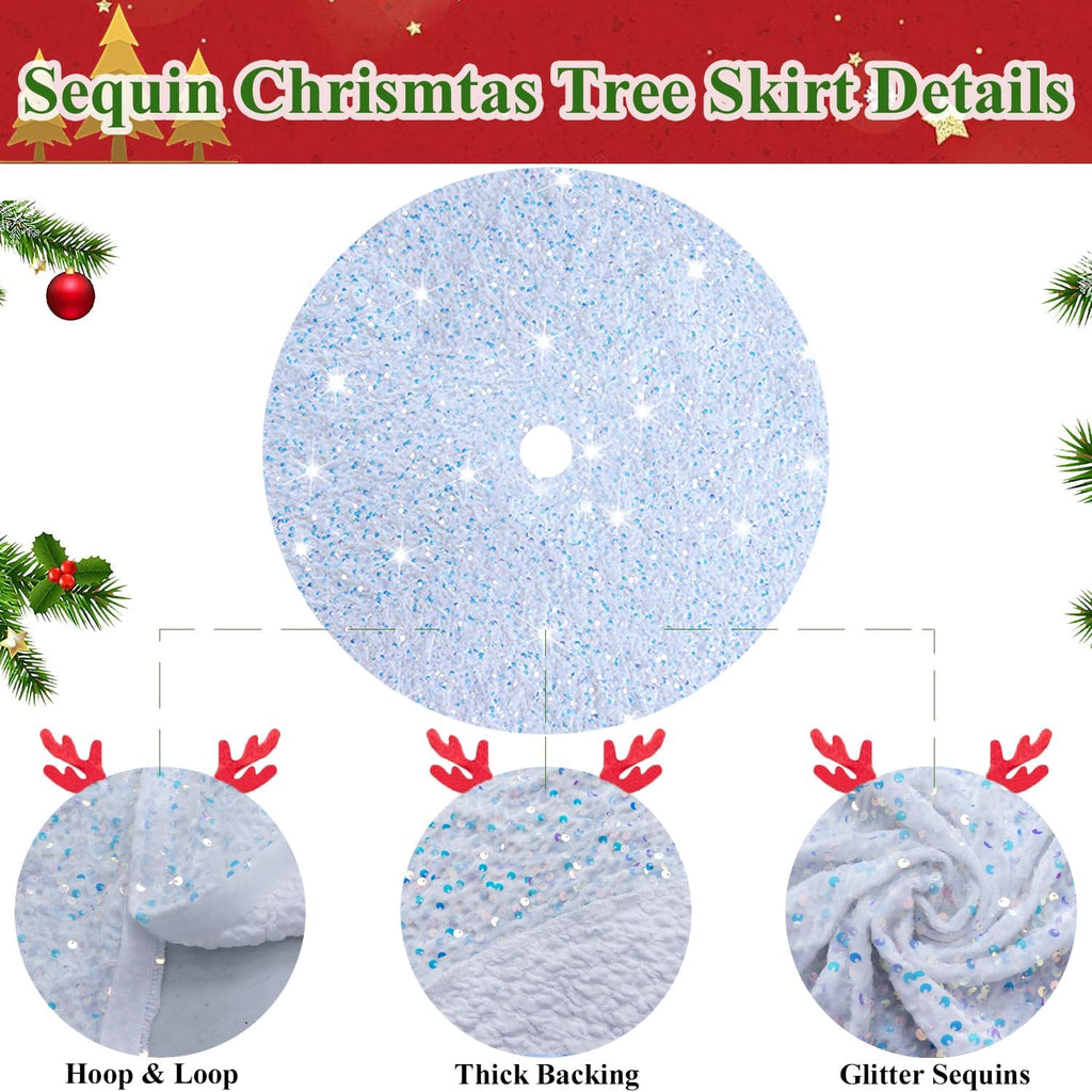 MODFUNS Sequin Christmas Tree Skirt Iridescent White Sparkle Tree Skirt 46 Inch Velvet Xmas Tree Mat Thick Bling Tree Skirt Christmas Decoration Shimmer Tree Cover Skirt for Merry Christmas Party
