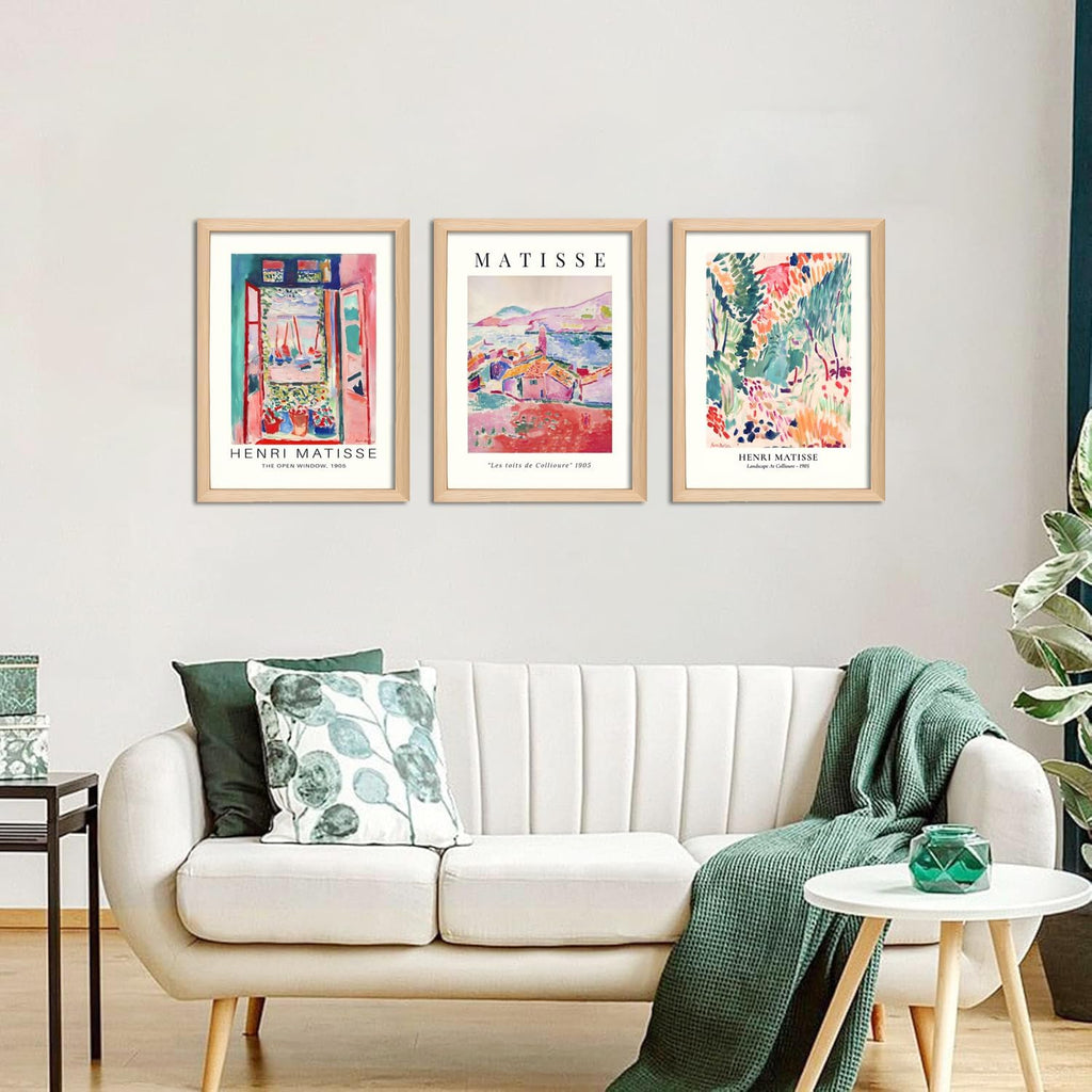 Wooden Framed Matisse Wall Art Set of 3 Abstract Henri Matisse Posters Vintage Flower Market Canvas Prints Open Window Painting Artwork Picture Aesthetic Room Decor for Bedroom Living Room 16x24in