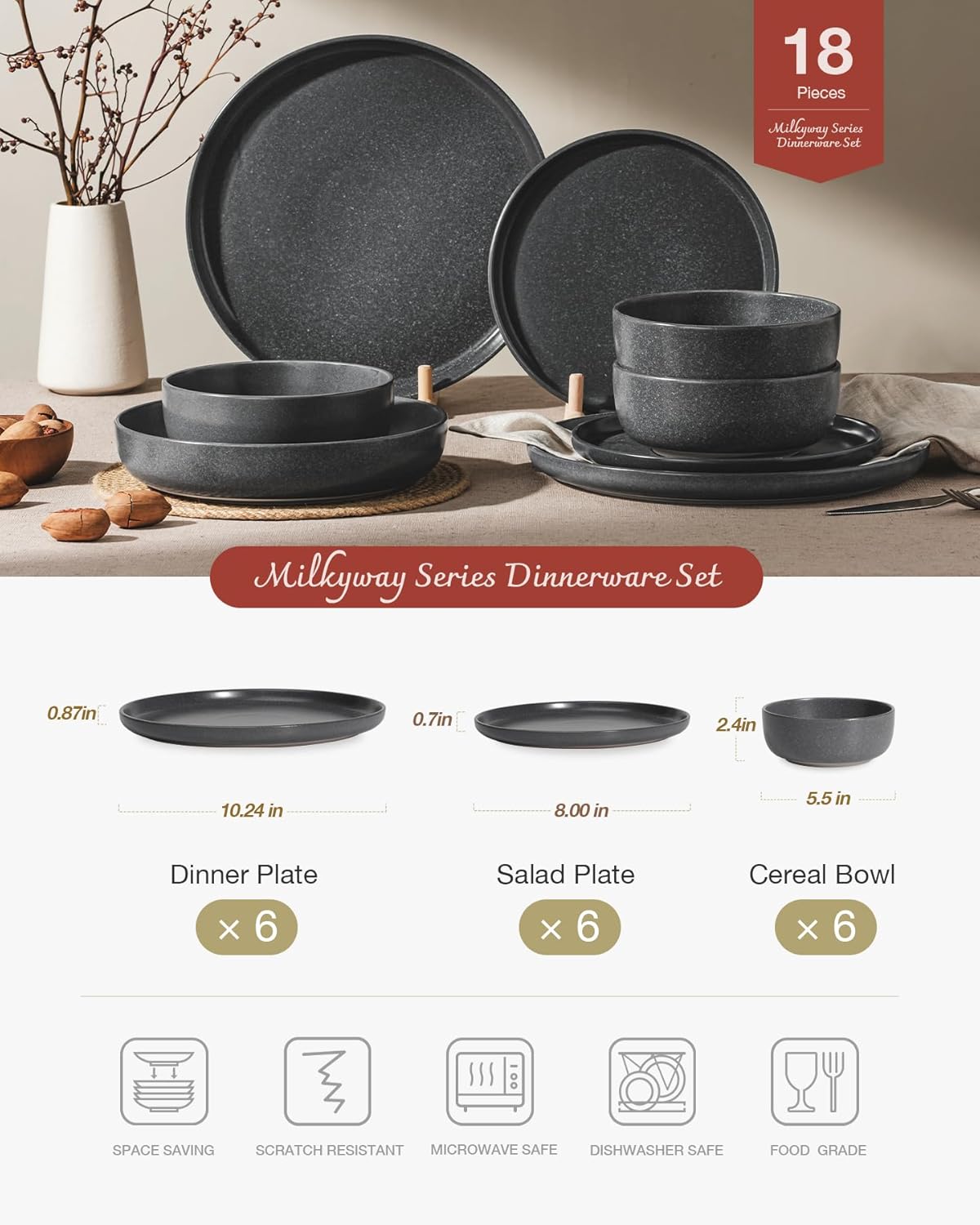 Famiware Milkyway Plates and Bowls Sets, 18 Pieces Dinnerware Sets, Reactive Glaze Dish Set, Stoneware Dishes Set for 6, Matte Dark Charcoal