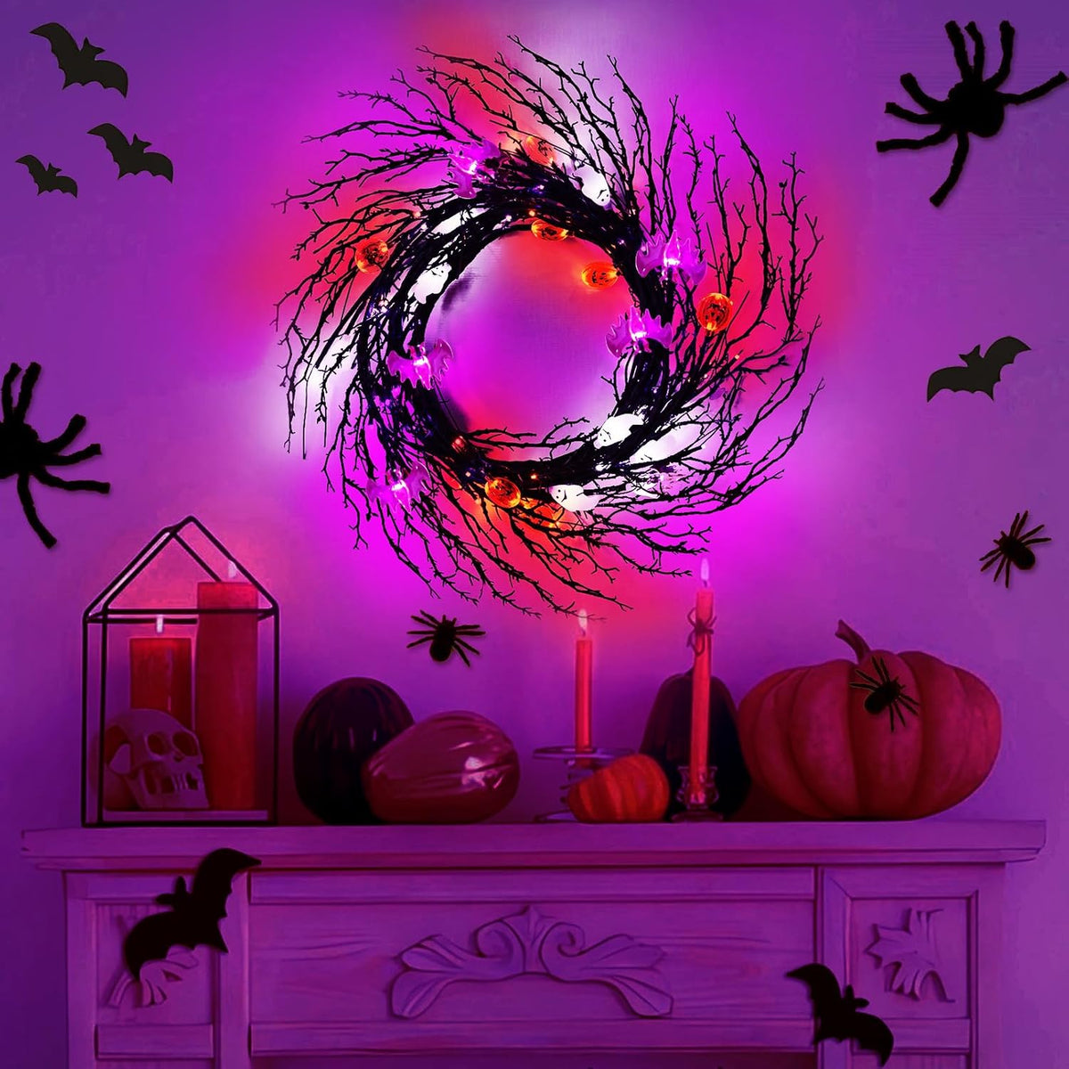 7 Ft 63 LED Halloween Willow Vine Twig Garland with 8 Modes Timer Orange Purple White Lights,7 Pumpkin Bat Ghost, Garland with Battery Operated for Wall Fireplace Halloween Decorations