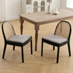Mid Century Dining Chairs Set of 4, Accent Rattan Side Chairs Linen Fabric Kitchen Chair with Solid Wooden Legs for Living Room Dining Room, Grey