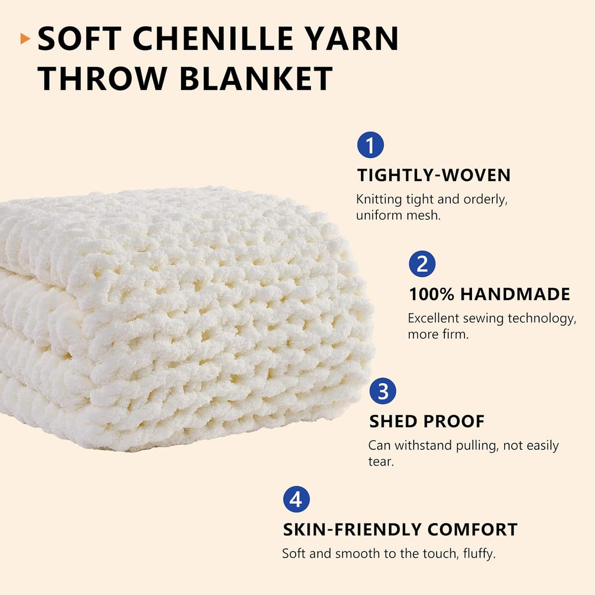 L'AGRATY Chunky Knit Blanket Throw: 72''x84'' Chenille Chunky Knitted Throw Blanket for Bed Couch - Handmade Thick Big Cable Knit Blanket - Large Chunky Crochet Blanket for Home Decor(Cream White)