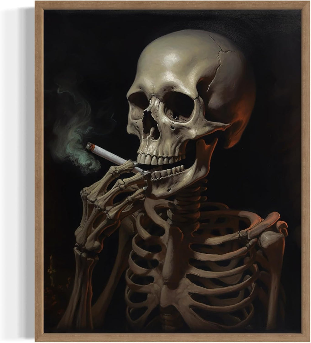 Skull Smoking Ciggarettes Poster Art Print, Halloween Scary Vintage Wall Art Academia Spooky Painting Decoration for Horror Prints, Gothic Posters Bedroom Decor 89 (Skull Smoking Ciggarettes, 16 x 20 inches, Wood Frame)