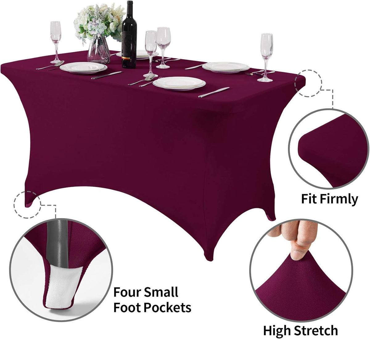 2Pack Spandex Table Cover for 4FT or 6ft or 9ft Table Universal Fitted Stretch Tablecloth for Party, Banquet, Wedding and Events-Burgundy