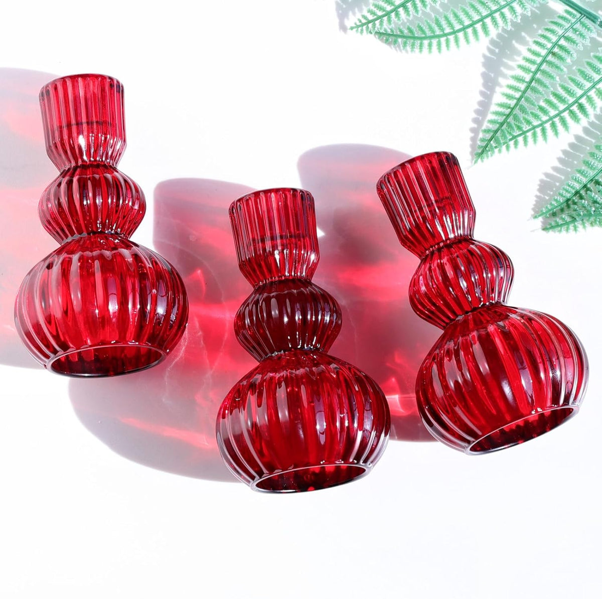 Woho Red Candlestick Holders Set of 3 for Christmas Decorations, 4.3" H Vintage Ribbed Taper Candle Holders for Dining Table, Glass Candle Sticks Holder Decor for Valentines Day/Patriotic Holidays