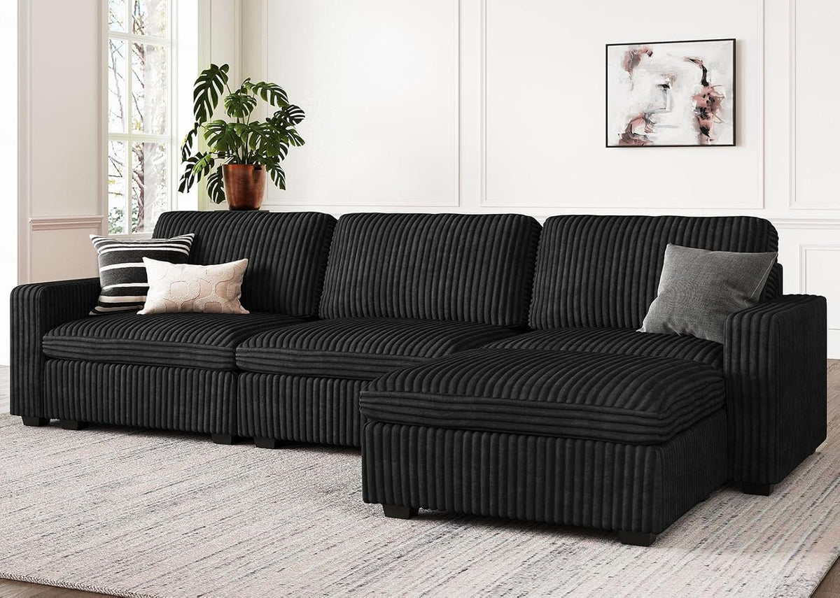 Belffin Modular Sectional Sofa with Storage Ottoman, Oversized Cloud Couch Sectional with Extra Deep Seat, Convertible L Shaped 4 Seater Sectional Couches for Living Room, Plush Corduroy Black