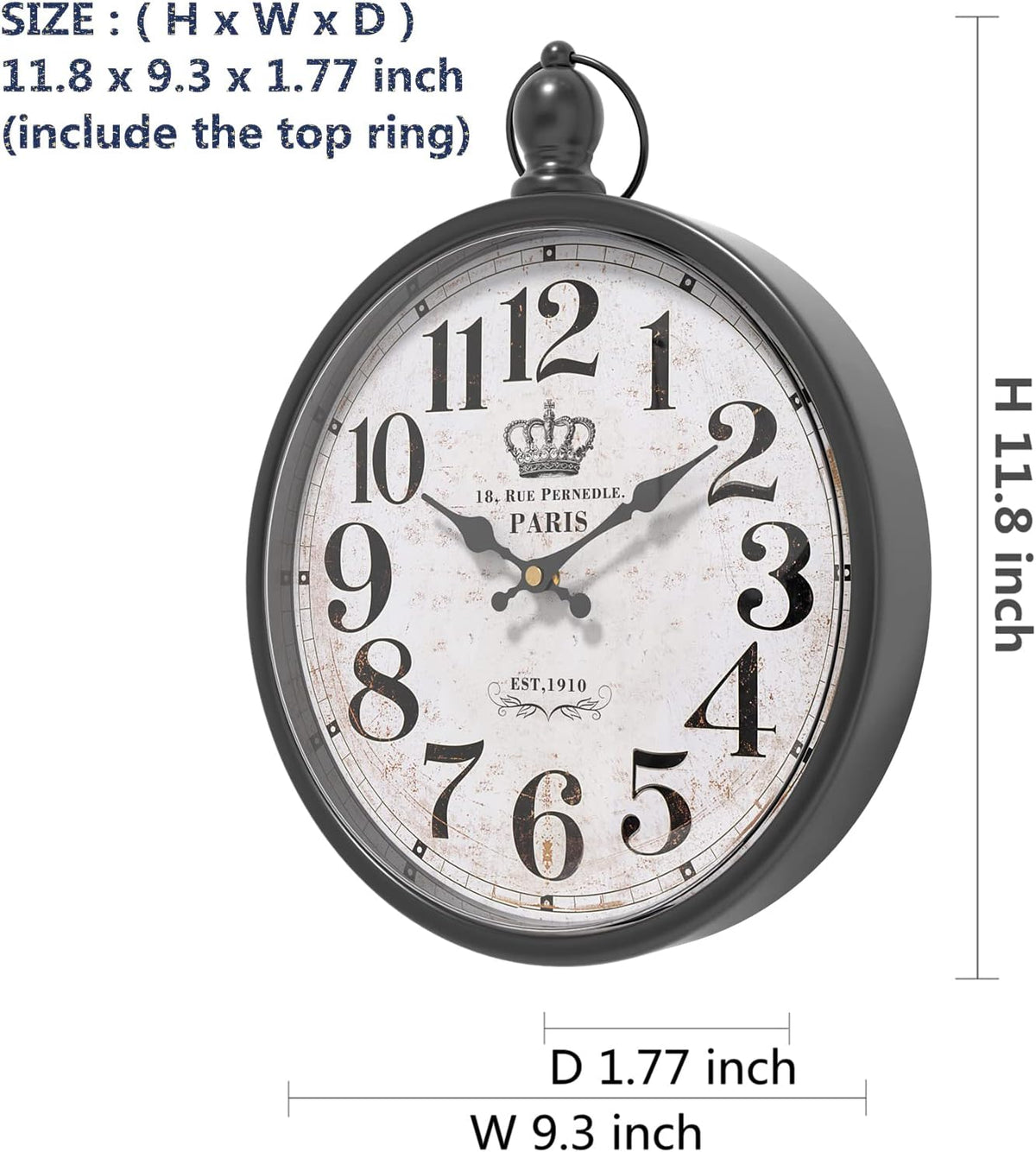 Menterry Retro Round Wall Clock. Black Vintage Antique Style Decor Wall Clocks for Kitchen,Farmhouse,Bedroom,Bathroom,Office, (11.8" H x 9.3" W)