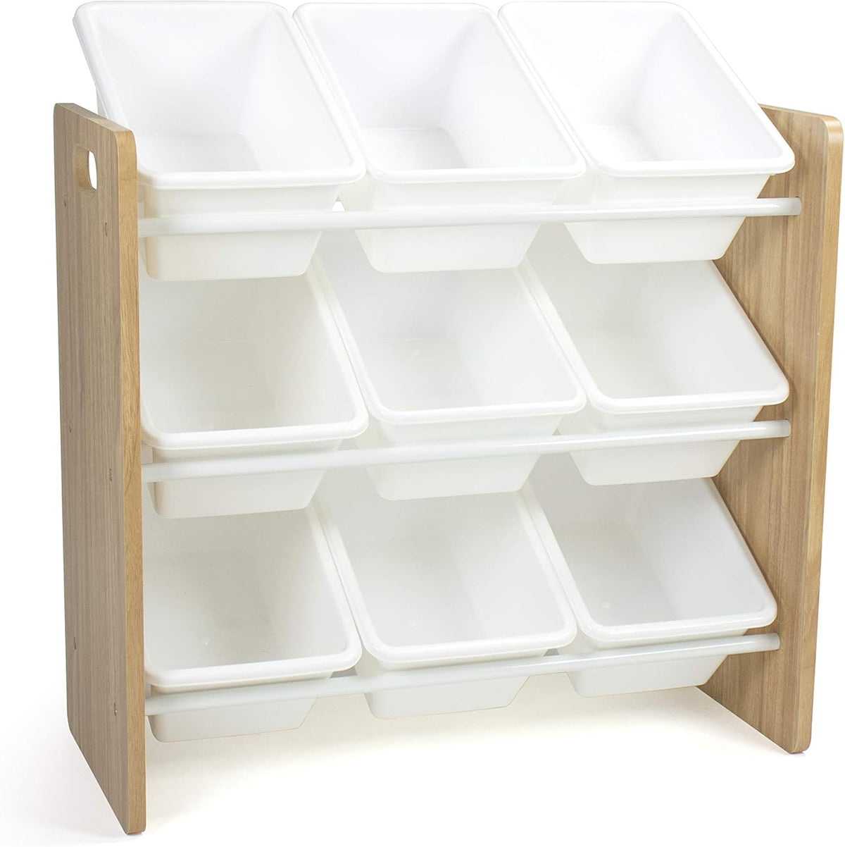 Humble Crew 9-Bin Toy Organizer – Journey Natural Wood with White Plastic Bins, 3-Tier Storage Solution for Kids' Playrooms and Nurseries