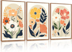 KAIRNE Boho Canvas Wall Art,Abstract Floral Wall Decor,Modern Minimalist Prints Set of 3(16”X24”),Botanical Wall Art Paintings,Bohemian Mid Century Artwork for Living Room Bedroom Office Decor,Framed