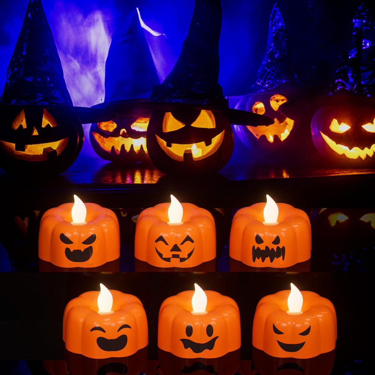 Wondise Halloween Flameless Candles, Pumpkin Battery Operated Candles with Timer, LED Flickering Votive Tealight Spooky Candles for Halloween Decorations Indoor (6 Pack, 1.9" x 1.6")