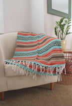 Del Mex Classic Mexican Blanket, Large Authentic Woven Falsa Throw (70"x50"), Artisan Southwest Décor for Beach, Yoga, Outdoors (Mint/Tan/Orange)