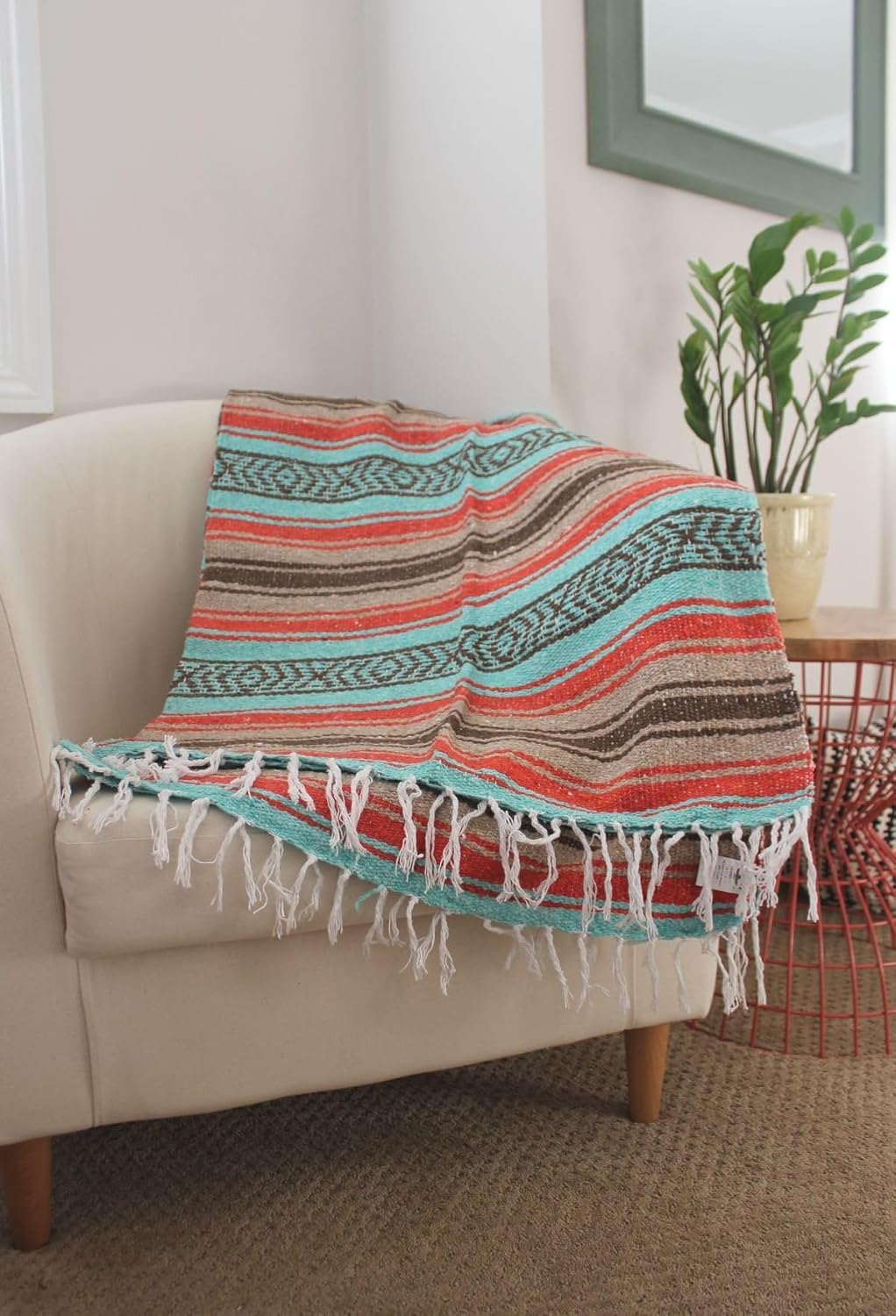 Del Mex Classic Mexican Blanket, Large Authentic Woven Falsa Throw (70"x50"), Artisan Southwest Décor for Beach, Yoga, Outdoors (Mint/Tan/Orange)