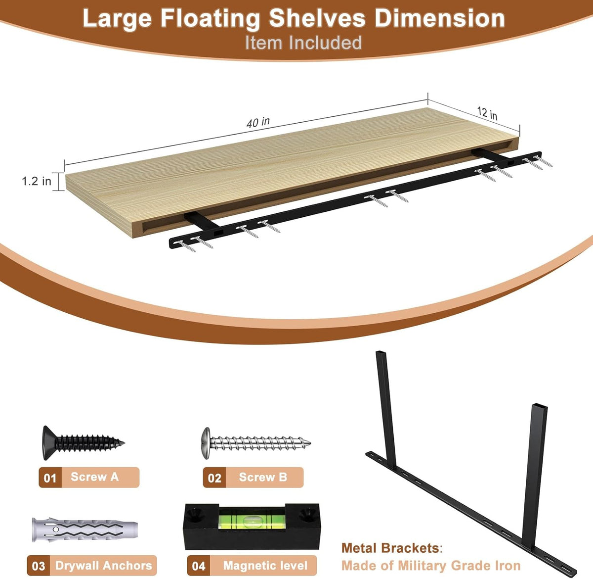 40 Inch Floating Shelf 1 Pack Large Floating Shelves for Wall No Drilling Accessories Included Deep Wall Shelves for Living Room Kitchen Farmhouse 40" W x 12" D x 1.2" Oak