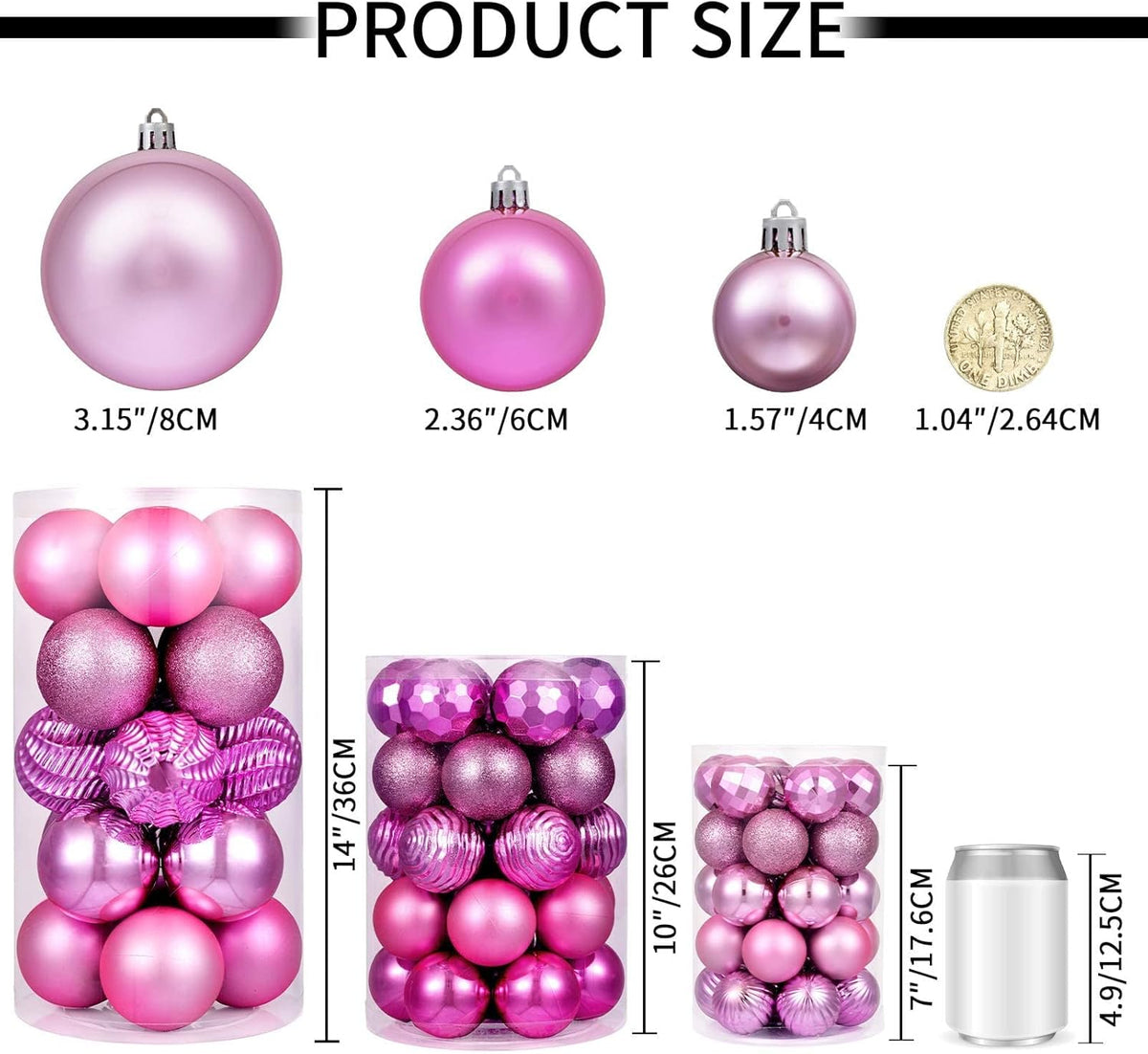 XmasExp 24ct Christmas Ball Ornaments Shatterproof Christmas Ornaments Set Decorations for Xmas Tree Balls 40mm/1.57” (1.57'', Pink)