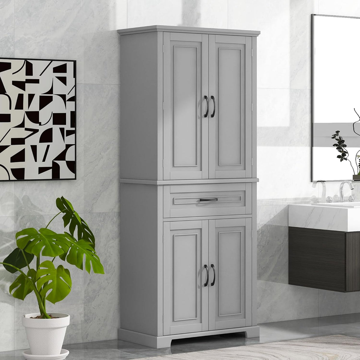 72.2" Tall Storage Cabinet with 4 Doors and Drawer, Freestanding Linen Cabinet, Wooden Pantry with Adjustable Shelf for Kitchen, Bathroom, Living Room, Grey