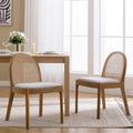 Mid Century Dining Chairs Set of 2, Accent Rattan Linen Fabric Side Chairs Kitchen Chair with Solid Wooden Legs for Living Room Dining Room, Beige