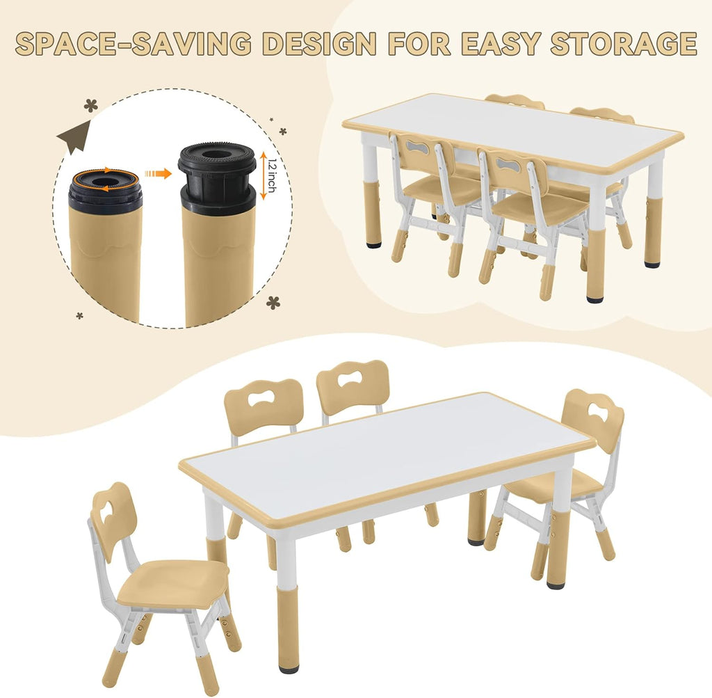 Kids Study Table and Chairs Set, Height Adjustable Toddler Table and Chair Set for Kids Ages 3-8, Graffiti Desktop (Light Brown)