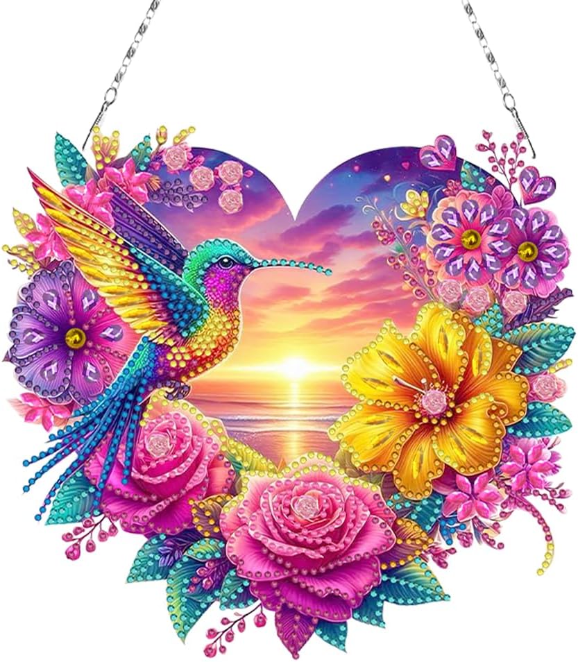 Flowers Hummingbird Diamond Art Kits,5D Diamond Hanging Ornament Kits,DIY Special Shaped Diamond Dot Kits,Home Porch Crystal Hanging Pendant Ornament (Colorful2)