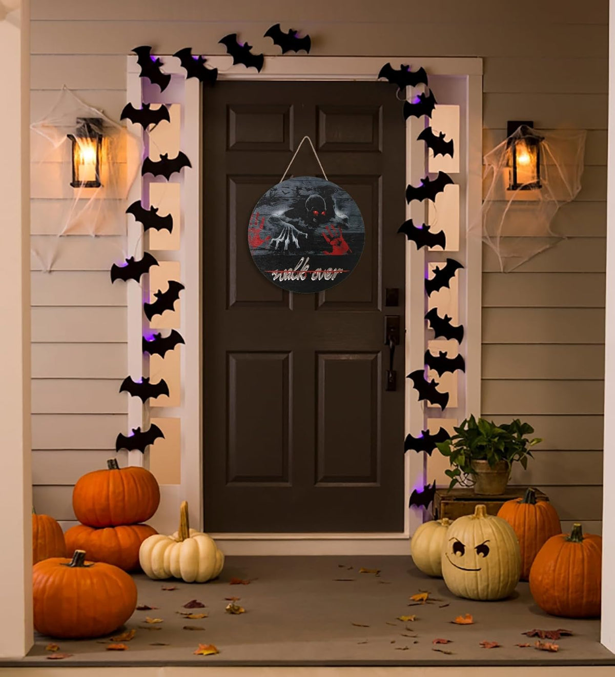 Halloween Wooden Round Hanging Sign Decoration Horror Skeleton Outdoor Wooden Plaques Yard Front Door Hanger Home Wall Decor for Halloween Wreath Party Supplies Decor