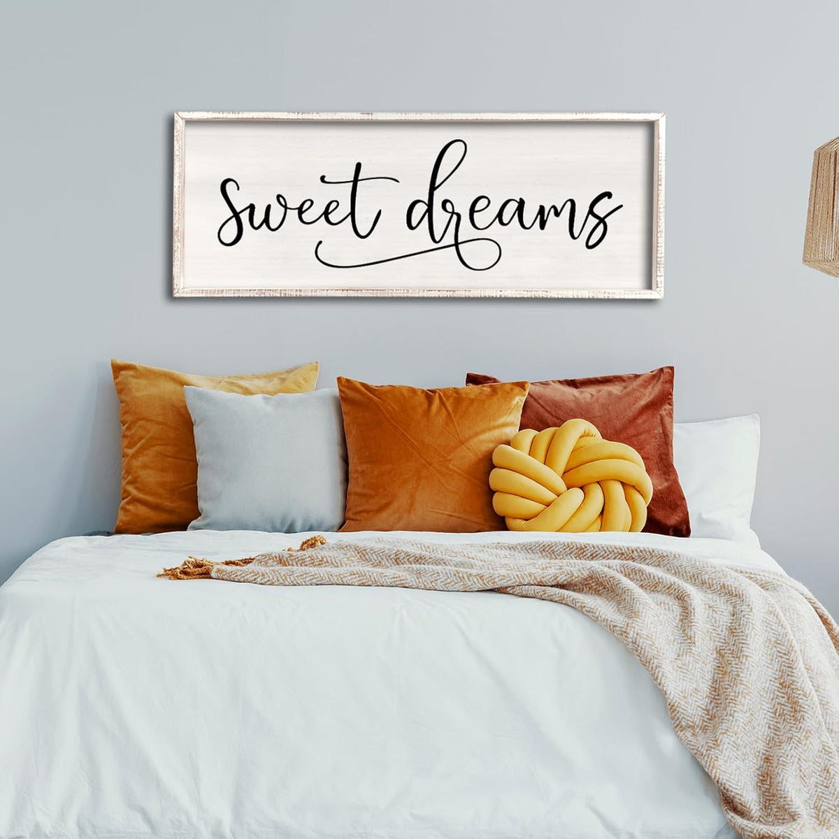 comurdyo Sweet Dreams Wall Decor Above Bed Sign 32" x 12" Master Bedroom Wooden Antique Framed Large Rustic Farmhouse Guest Room Beautiful Simple Hanging Plaque Over Bed Wall Art (White)