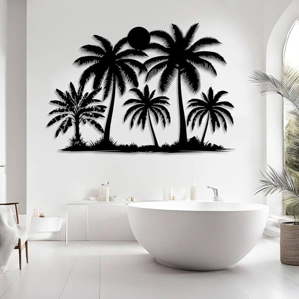 Tuglona Metal Palm Tree with Sunset Wall Decor, Tropical Palm Tree Metal Wall Art, Tropical Wall Decor, Sun Wall Art, Beach Wall Decoration, Coastal Trees Wall Hanging (Black, 48"x33"/121x84cm)