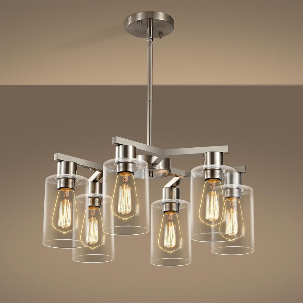 6-Light Modern Farmhouse Brushed Nickel Chandelier, Dining Room Light Fixture Over Table Adjustable Height Hanging Industrial Pendant Lights Kitchen Island, Clear Glass Shade