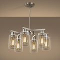 6-Light Modern Farmhouse Brushed Nickel Chandelier, Dining Room Light Fixture Over Table Adjustable Height Hanging Industrial Pendant Lights Kitchen Island, Clear Glass Shade