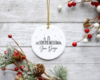 Andaz Press Round Ceramic Porcelain Christmas Tree Ornament Keepsake, San Diego Black and White Stars City Skyline Graphic, 1-Pack, Birthday Gift Idea for Family, Coworker, Him, Her, Includes Gift Box