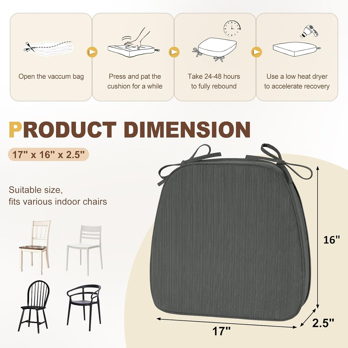downluxe Chair Cushions for Dining Chairs, Waterproof Kitchen Chair Pads, Non-Slip Dining Seat Cushion with Ties, 17" x 16" x 2.5", Dark Grey, 4 Pack