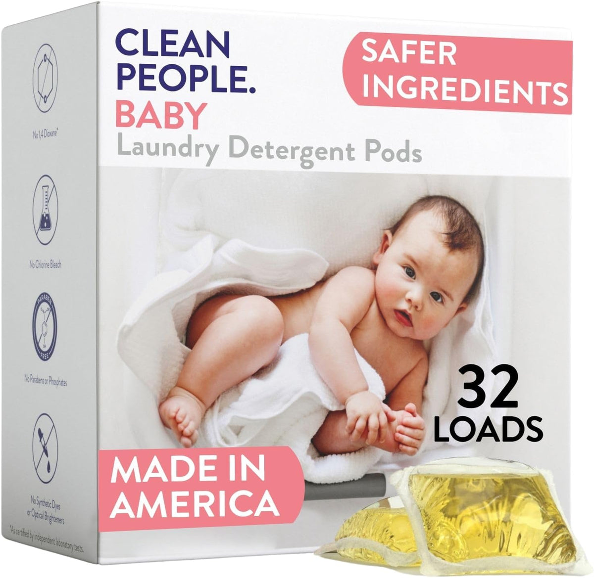 The Clean People Laundry Detergent Pods - Recyclable Packaging, Hypoallergenic, Stain Fighting - Ultra Concentrated, Laundry Soap - Baby (Unscented), 32 Pack